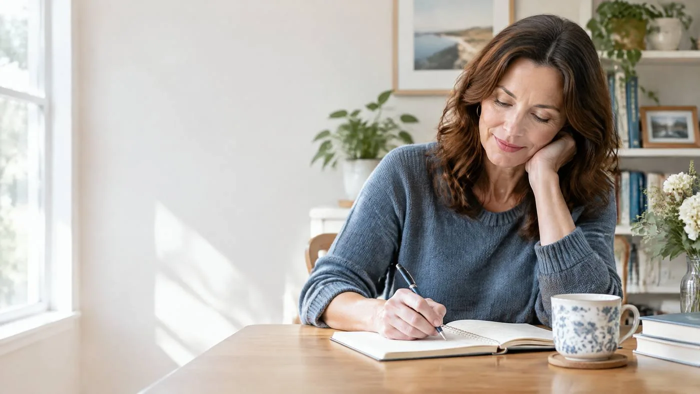 Adult woman writing thoughtful notes at a home desk.