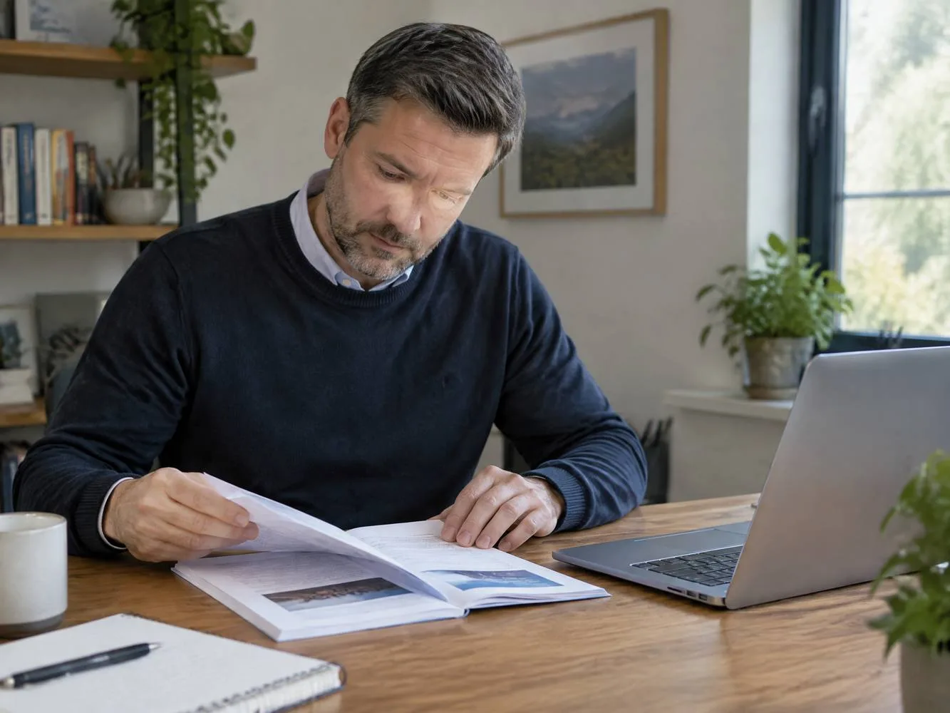 Adult studying relationship-coaching course materials at a desk.