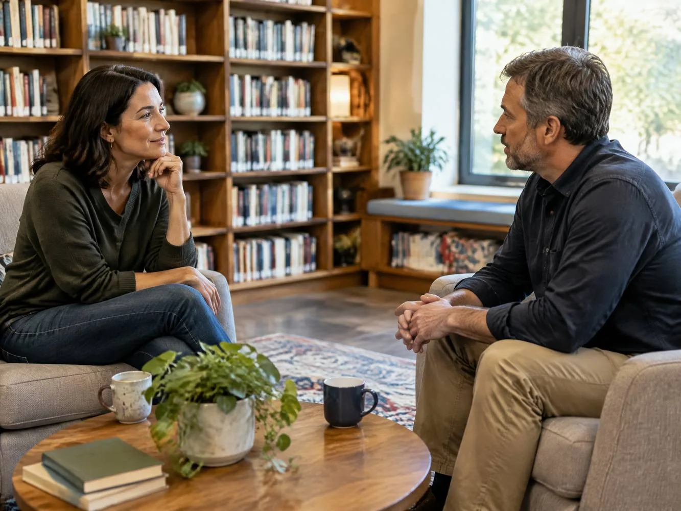 Two adults listening respectfully in a library discussion space.